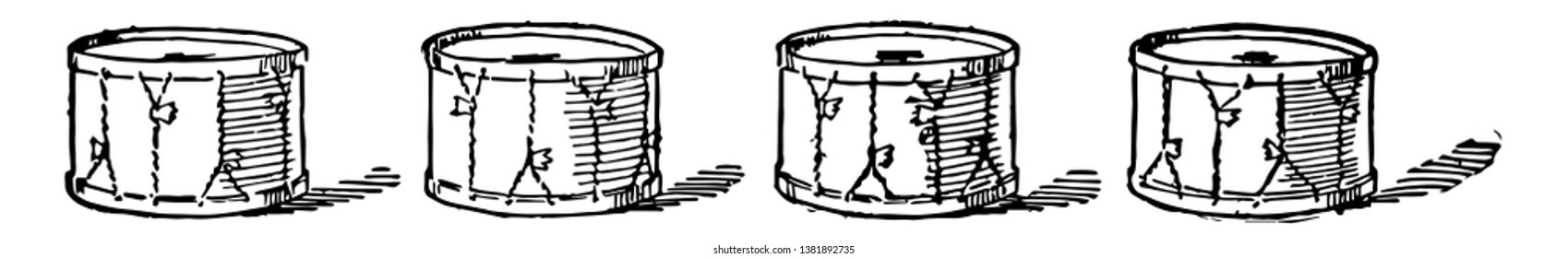 This card shows four drums. Drums are an instrument used in music. Different types of drums are available. This card shows 4 drums placed near to each other, Vintage line drawing or engraving