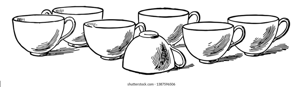 This card shows seven cups, Six cups are properly placed while one cup is placed reverse. All cups have handle to hold them properly, Vintage line drawing or engraving illustration.
