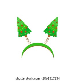 This is a carnival hoop for the head. For Christmas, festival, party, holidays costume. The attribute of costume. Headband with Christmas tree-shaped ears isolated on a white background.