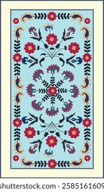 This carpet features traditional Uzbek Turkic patterns, with vibrant colors and intricate geometric and floral motifs, reflecting the rich cultural heritage and craftsmanship of Uzbekistan. 