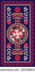 This carpet features traditional Uzbek Turkic patterns, with vibrant colors and intricate geometric and floral motifs, reflecting the rich cultural heritage and craftsmanship of Uzbekistan.