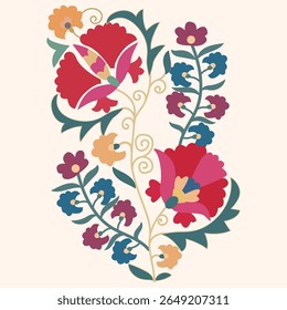 Este tapete apresenta padrões turcos uzbeques tradicionais, com cores vibrantes e intrincados motivos geométricos e florais, refletindo a rica herança cultural e artesanato do Uzbequistão