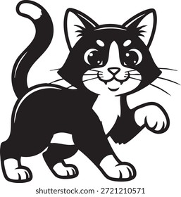 Diese Karikatur zeigt schwarz-weiße Katze mit weißen Details. Es ist glücklich liebenswert Haustier Kätzchen Haustier Charakter, Vektorgrafik für Design-Projekte.