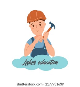 This is a cartoon boy student holding a hammer at a labor education lesson. School illustration is good for stickers, logo designs, emblems, posters, etc. 