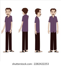 This is a Cartoon character with font view, side view, back view and three by fourth  view. You can make your story with this Man cartoon character.