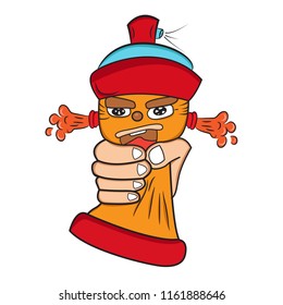 This is a cartoon character from a spray paint can, which is strangled by the hand in the abdomen and expresses pain, and secretes fluid from his ear. cartoon with a white background