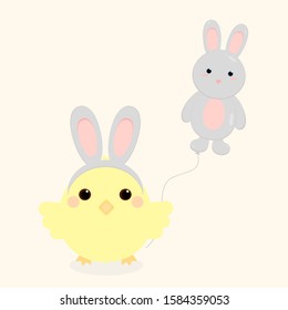 This is cartoon chicken and hare. Chick with balloon. Cute illustration on light background. Could be used for Easter Day.