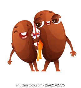 This is a cartoon depiction of two healthy human kidneys embracing each other, showcasing their playful interaction and joyful expressions. It promotes kidney health, humor.