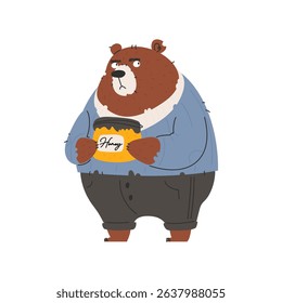 This cartoon depicts a brown bear wearing a blue sweater and grey pants. He lovingly cradles a jar of honey, looking very happy and ready to enjoy a sweet treat.