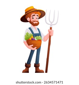 This cartoon depicts a happy farmer with a pitchfork and a basket full of vegetables. He is wearing a hat and overalls. The image is suitable for agriculture.
