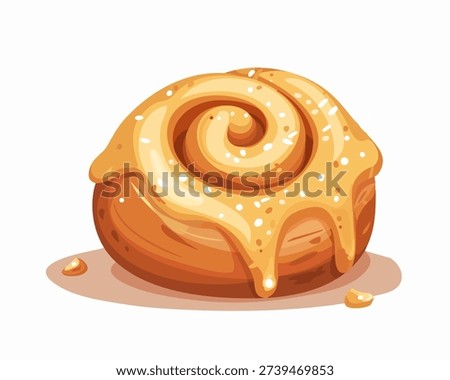 This cartoon drawing shows a cinnamon roll with icing on top. The roll has a swirl shape and is placed on a white backdrop. The icing drips down the sides, and there are small pieces of cinnamon scattered nearby. This artwork highlights the texture and round shape of the cinnamon roll, making it look inviting and tasty. It captures the essence of a sweet treat that many enjoy at breakfast or as a snack