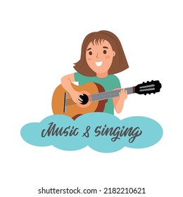 This is a cartoon girl playing guitar in music and singing class. School illustration is good for stickers, logo designs, emblems, etc. 