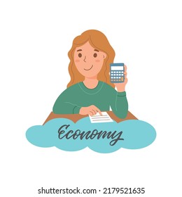 This is a cartoon girl student holding a calculator in economics class learning to count money. School illustration is good for stickers, logo designs, emblems, etc. 