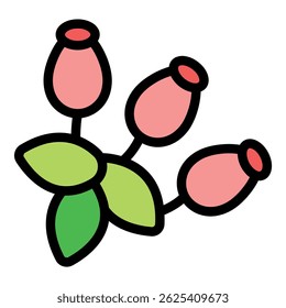 Este icono de dibujos animados presenta una rama con tres escaramujos y hojas verdes