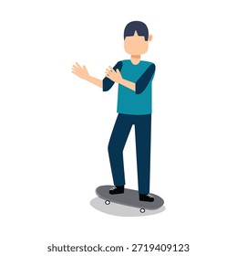 Esta es una ilustración de dibujos animados de un niño de pie en una patineta con los brazos extendidos en una pose de equilibrio. La Imagen se coloca sobre un fondo blanco liso, lo que facilita su uso como gráfico o icono. Los rasgos faciales del niño no están definidos, lo que agrega un sentido de universalidad al personaje. El estilo de ilustración es simple, pero vibrante y atractivo, lo que lo hace adecuado para una variedad de aplicaciones, desde materiales educativos hasta entretenimiento y publicidad.