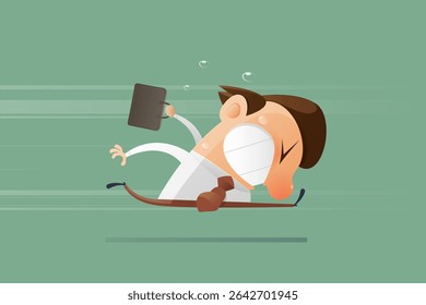This cartoon illustration captures a panicked office worker dashing to work, sweating under pressure and clearly overwhelmed by the race against time.