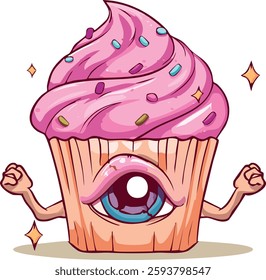 This is a cartoon illustration of a cupcake with pink frosting and sprinkles. It has a large single eye in the middle and two flexed arms, making it look strong and unique. Small sparkles surround it,