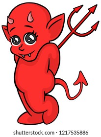 This is a cartoon illustration of a cute devil holding a pitchfork behind his back and smiling innocently. He is red and has devil horns and a tail.