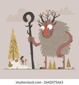 This cartoon illustration depicts a boy encountering a forest giant. The giant is holding a staff with trees and a fur body. It is a whimsical and imaginative nature scene.