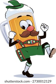 This cartoon illustration features a beer mug character dressed in traditional Bavarian lederhosen and a feathered hat, complete with a red nose and large mustache. The lively, dancing pose captures the festive spirit of Oktoberfest, Germany’s famous annual beer festival.