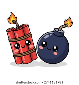 This cartoon illustration features a cute bundle of red dynamite sticks and a classic round bomb, both with adorable kawaii faces. The dynamite has a burning fuse, and the bomb has a short fuse with a flame. The image is isolated on a white background and is perfect for adding a fun and playful touch to various creative projects.