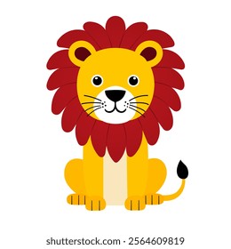 This cartoon illustration features a friendly lion with a bright yellow body and a large, vibrant red mane. The lion is sitting down with its front paws