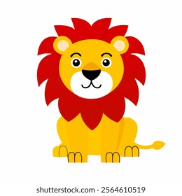 This cartoon illustration features a friendly lion with a bright yellow body and a large, vibrant red mane.