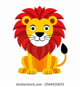 This cartoon illustration features a friendly lion with a bright yellow body and a large, vibrant red mane. The lion is sitting down with its front paws forward