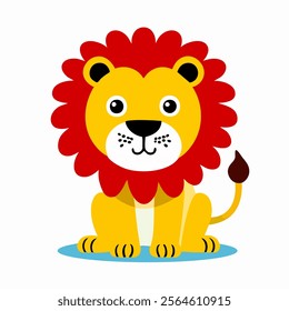 This cartoon illustration features a friendly lion with a bright yellow body and a large, bold red mane. The lion has a simple and cheerful face with large,