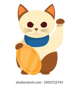 This cartoon illustration features a maneki neko, the japanese lucky cat, holding a golden coin and waving its paw