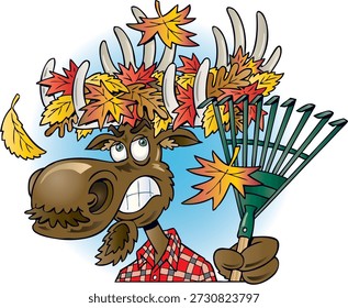 This cartoon illustration features a moose in a red plaid shirt struggling to rake autumn leaves. Leaves are stuck in its antlers and on its head as it holds a green leaf rake. The whimsical scene captures the fun and chaos of fall yard work, making it perfect for seasonal greetings, landscaping branding, or stock imagery use.
