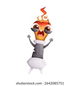 This cartoon illustration features a scared matchstick character with a burning flame. It shows fear with wide eyes, tears, and raised hands, set against a white backdrop.
