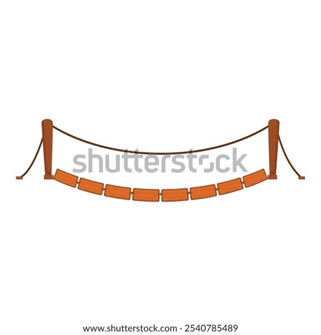 This cartoon illustration features a simple wooden hanging bridge with a rope handrail, perfect for adventure and travel themed designs