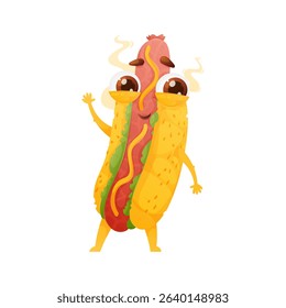 This is a cartoon illustration of a hot dog character. The hot dog is designed as a mascot with humanlike features, including eyes and arms. The style is playful and childish.