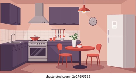 This is a cartoon illustration of a kitchen, featuring cabinets, a stove, a refrigerator, a dining table with chairs, and other kitchen appliances.