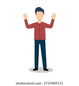 Dies ist eine Cartoon-Illustration eines Mannes, der mit erhobenen Händen in einer Geste der Kapitulation oder Aufregung steht. Er trägt ein rotes Hemd, eine blaue Hose und schwarze Schuhe und ist auf einfarbigem weißem Hintergrund eingestellt. Das Bild ist einfach, aber ausdrucksstark und könnte in einer Vielzahl von Kontexten verwendet werden, um ein Gefühl von Emotion oder Interaktion zu vermitteln.