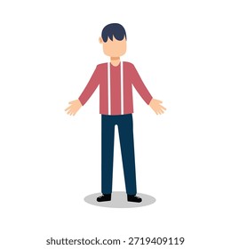 Esta es una ilustración de dibujos animados de un hombre de pie con los brazos extendidos en un gesto de bienvenida. El personaje no tiene rostro y tiene un diseño simple y moderno. Lleva una camisa roja, pantalones azules y zapatos negros, y se coloca sobre un fondo blanco liso con una sombra gris debajo.