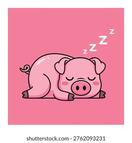 This is a cartoon illustration of a pig sleeping peacefully on a pink background. The pig is depicted in a cute and adorable way, with a curly tail and rosy cheeks. The image is colorful and fun, with a solid pink background and a white border. The pig's eyes are closed, and it appears to be dreaming, with zzz's floating above its head. The overall atmosphere of the image is calm, serene, and soothing, making it perfect for use in a variety of contexts, such as children's books, educational materials, or even as a decorative element for a nursery or bedroom.