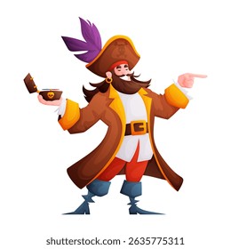 This is a cartoon illustration of a pirate with a beard holding a treasure chest, pointing towards something. The pirate wears a coat, hat and earring.