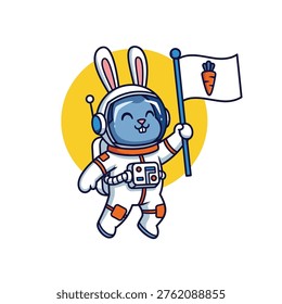 This is a cartoon illustration of a rabbit wearing a white astronaut suit and holding a flag with a carrot on it. The rabbit is smiling and appears to be happy and excited. The background is a yellow circle on a white background. The image is playful, fun, and whimsical, and it could be used to represent a sense of adventure, exploration, and imagination.