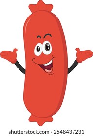This cartoon illustration of a red sausage is seen with a cheerful face and raising both hands