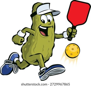 Esta é uma ilustração em desenho animado de um picles correndo jogando picles. A imagem brincalhona retrata o picles segurando um remo e participando ativamente do divertido e rápido esporte de remo que combina elementos de tênis, badminton e tênis de mesa. A obra de arte é colorida e caprichosa, ideal para designs com temas esportivos, gráficos de mídia social ou conteúdo promocional sobre pickleball.