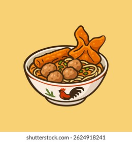 This is a cartoon illustration showing a bowl of noodle with meatball, fried wonton, and green onion used for food illustration.