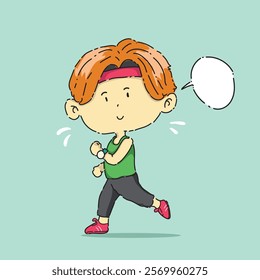 This cartoon illustration shows a cheerful young boy running energetically while wearing sporty attire.