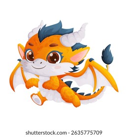This is a cartoon illustration of a small, adorable dragon. The baby dragon has orange scales, white wings, blue spines, and a cheerful smile, creating a whimsical image.