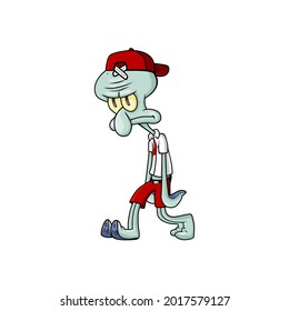 this is a cartoon illustration of squidward wearing an indonesian elementary school uniform