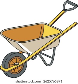 this is a cartoon illustration of a yellow and beige wheelbarrow with a black tire