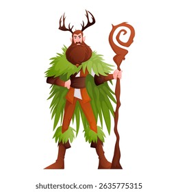 This is a cartoon image of a druid. He has antlers, a beard, and wears a green cloak and brown clothes. He stands holding a staff. The background is white.
