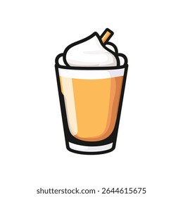 This cartoon image features a vibrant orange drink, likely a smoothie or juice, layered in a glass with whipped cream. A straw is visible on a transparent background.