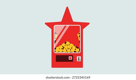 Dies ist ein Cartoon-Bild eines roten Automaten, der wie ein Stern geformt ist, mit gelben Objekten im Inneren, es hat auch einen dunklen Bildschirm und einen Schlitz für die Münzen, die eingefügt werden sollen. Es handelt sich um eine automatisierte Ware und